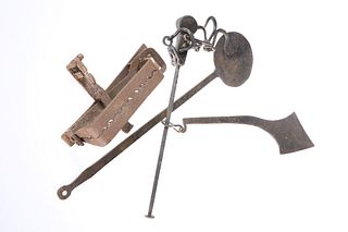 A GROUP OF ANTIQUE IRONWORK, including an antique animal trap and an oven p