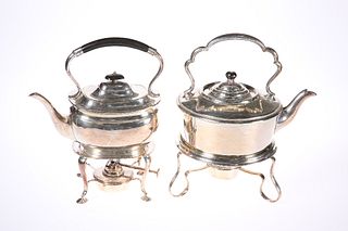 TWO EDWARDIAN SILVER-PLATED SPIRIT KETTLES, the first by Atkin Bros., with 