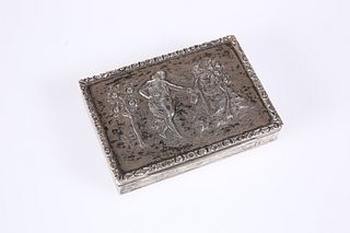 AN AUSTRIAN SILVER SNUFF BOX, rectangular, the hinged cover embossed with a