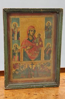 A RUSSIAN ICON OF THE MOTHER OF GOD, probably 19th Century, the borders pai