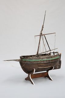 A LARGE VICTORIAN OAK MODEL OF A WHITBY BOAT, "HOPEFULL", on a later stand.