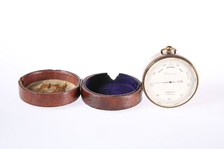 HEATH, PLYMOUTH
 A BRASS CASED POCKET BAROMETER, in a fitted leather case, 