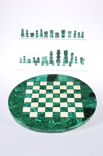 A MALACHITE CHESS SET, the circular board with white-metal stringing and iv
