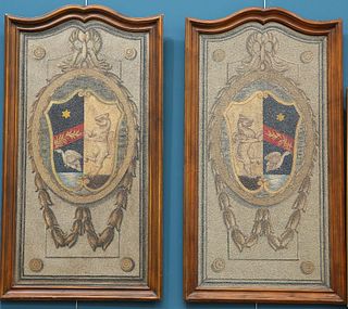 A PAIR OF WALNUT FRAMED HATCHMENTS. 133cm by 71cm