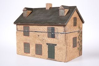 A PRIMITIVE PAINTED WOODEN BOX IN THE FORM OF A HOUSE, with hinged lid. 26.