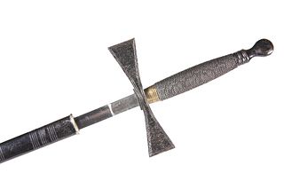 A CEREMONIAL SWORD, POSSIBLY MASONIC, with wire-bound grip and leather scab