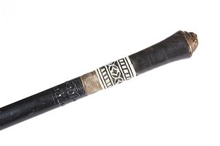 A BRASS AND BONE MOUNTED EBONISED SWORD STICK, with grip with brass lion ma