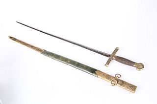 A LATE 19th CENTURY SOCIETY SWORD, with turned wooden grip beneath a scroll