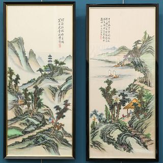 A PAIR OF CHINESE PAINTED SILK PICTURES, each depicting a landscape, framed
