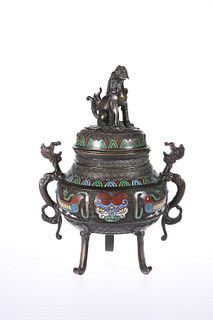 A CHINESE CHAMPLEVE ENAMEL BRONZE TRIPOD CENSER, 19TH CENTURY, the pierced 
