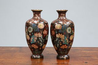 A PAIR OF JAPANESE CLOISONNE VASES, MEIJI PERIOD, of hexagonal baluster for