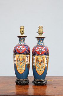 A PAIR OF JAPANESE CLOISONNE LAMP BASES, MEIJI PERIOD, with ginbari shoulde