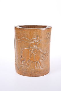A GOOD CHINESE BAMBOO BRUSH POT, 19TH CENTURY, carved with a figure mounted