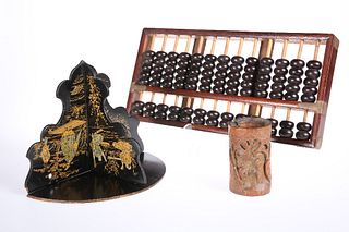 A CANTONESE ABACUS, together with A CHINESE EXPORT LACQUER BOX, with gilt d
