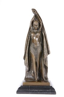 AN ART DECO STYLE BRONZE OF A DANCER, "ANTINEA", cast with her arms raised 