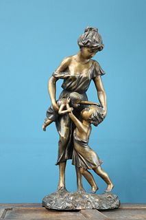 A PATINATED BRONZE FIGURE GROUP OF A MOTHER AND CHILDREN, in 19th century s