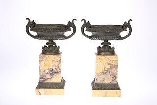 A PAIR OF 19TH CENTURY SIENNA MARBLE AND BRONZE URNS, IN THE NEO-CLASSICAL 