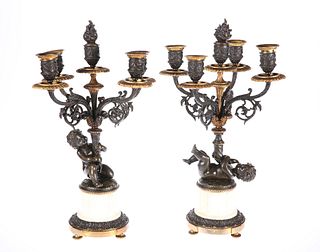 A PAIR OF 19TH CENTURY FRENCH PARCEL-GILT BRONZE AND ALABASTER FIGURAL CAND