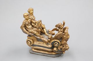 A 19TH CENTURY CARVED AND PARCEL-GILT GROUP, of two figures in a sleigh hol