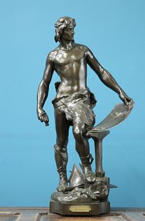 A. MASJOUILLE (FRENCH, 19th CENTURY), "LE TRAVAIL", A PATINATED BRONZE FIGU