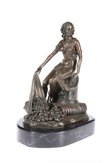 A BRONZE FIGURE OF A CLASSICAL MAIDEN, signed in the cast Milo, cast seated