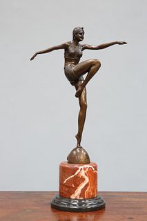 A BRONZE FIGURE OF A DANCER, IN ART DECO STYLE, posing with arms outstretch