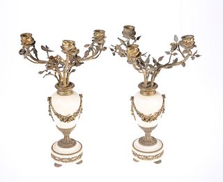 A PAIR OF 19TH CENTURY FRENCH GILT-BRONZE AND MARBLE CANDELABRA, the three 