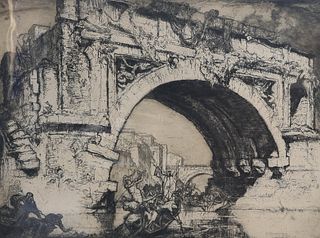 SIR FRANK BRANGWYN (1867-1956), PONTE ROTTO, ROME, pencil signed in the mar