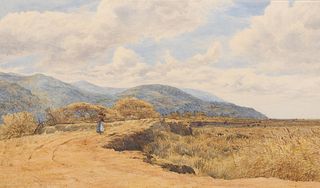 SAMUEL WILLIAM OSCROFT (1834-1924), WOMAN ON A PATH IN A LANDSCAPE, signed 