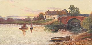 C*** THOMAS, BOATING BY A STONE BRIDGE, signed and dated 1914 lower right, 