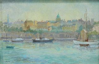 20th CENTURY SCHOOL, CITYSCAPE FROM THE RIVER, monogrammed "P.M.", oil on b