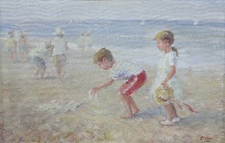 R*** GOSSONI, CHILDREN PLAYING ON THE BEACH, signed lower right, oil on can