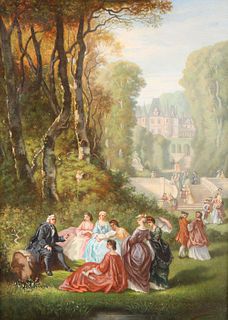 ALCIDE-FRANCISQUE AUBERTIER (FRENCH, 1827-?), CHATEAU GARDEN PARTY, signed 