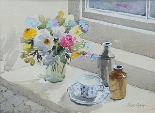 CLARE J. GRANGER, STILL LIFE OF A VASE OF FLOWERS, TEACUP AND SAUCER AND BO