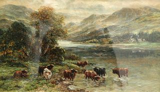 WILLIAM LANGLEY (ACT. 1880-1920), HIGHLAND CATTLE WATERING, signed lower ri