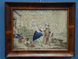 A 19TH CENTURY WOOLWORK PICTURE, depicting a fishing family, in original ma
