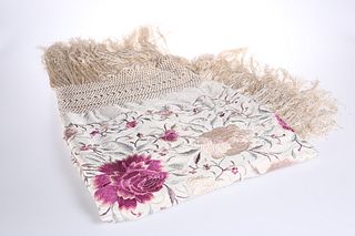 A LADY'S EMBROIDERED SILK EVENING SHAWL, EARLY 20th CENTURY, square, worked