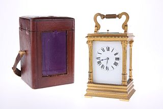 A 19TH CENTURY BRASS CASED CARRIAGE CLOCK WITH PUSH-BUTTON REPEAT, the whit