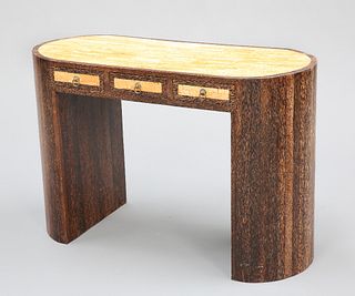 A CONTEMPORARY HARDWOOD DRESSING TABLE, with mosaic top and rounded ends, f