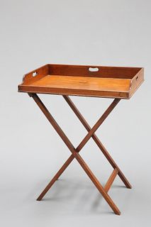 A 19TH CENTURY MAHOGANY BUTLER'S TRAY ON STAND, the galleried tray with thr