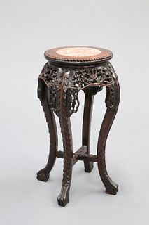 A CHINESE MARBLE-INSET HARDWOOD JARDINIERE STAND, CIRCA 1900, the circular 