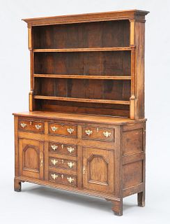 AN INLAID OAK DRESSER AND RACK, NORTH WALES, EARLY 19TH CENTURY, the boarde
