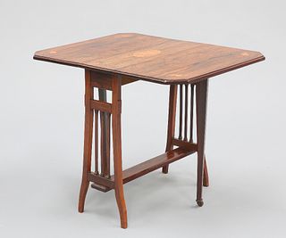 AN EDWARDIAN INLAID ROSEWOOD SUTHERLAND TABLE, the drop-leaves with canted 