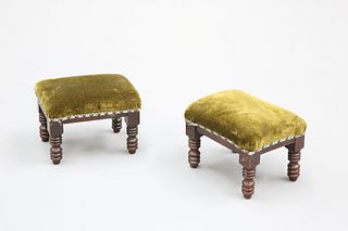 A PAIR OF REGENCY ROSEWOOD FOOTSTOOLS, with ring turned legs.