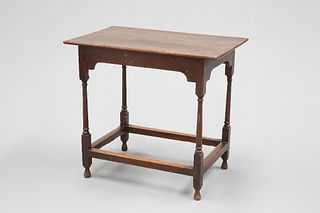 AN 18TH CENTURY OAK SIDE TABLE, raised on block and turned tapering legs, j