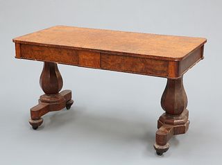 AN EARLY VICTORIAN POLLARD OAK LIBRARY TABLE, the rectangular top with roun