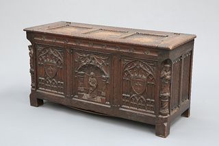 AN OAK COFFER IN FRENCH GOTHIC STYLE, 19TH CENTURY, the three panel lid wit