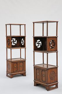 A PAIR OF CHINESE ELM WHATNOTS, 20TH CENTURY, each with swastika cut-outs a