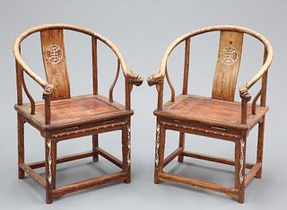 A PAIR OF CHINESE MOTHER-OF-PEARL INLAID ELM CHAIRS, the hoop backs inlaid 