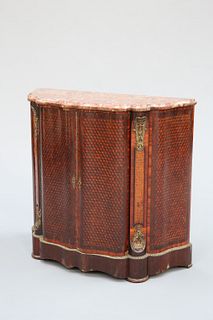 A LOUIS XV STYLE GILT-METAL MOUNTED AND MARBLE-TOPPED PARQUETRY SIDE CABINE